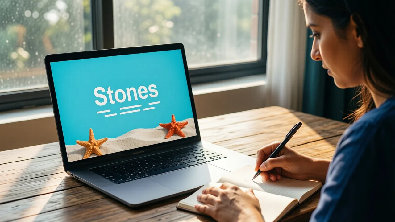 An Indian woman in her thirties at a wooden table by a window in daylight, seen from the side, writing in a paper notebook beside an open laptop, the laptop screen one plain turquoise field edge to edge with the single large word "Stones" and three short white lines under it