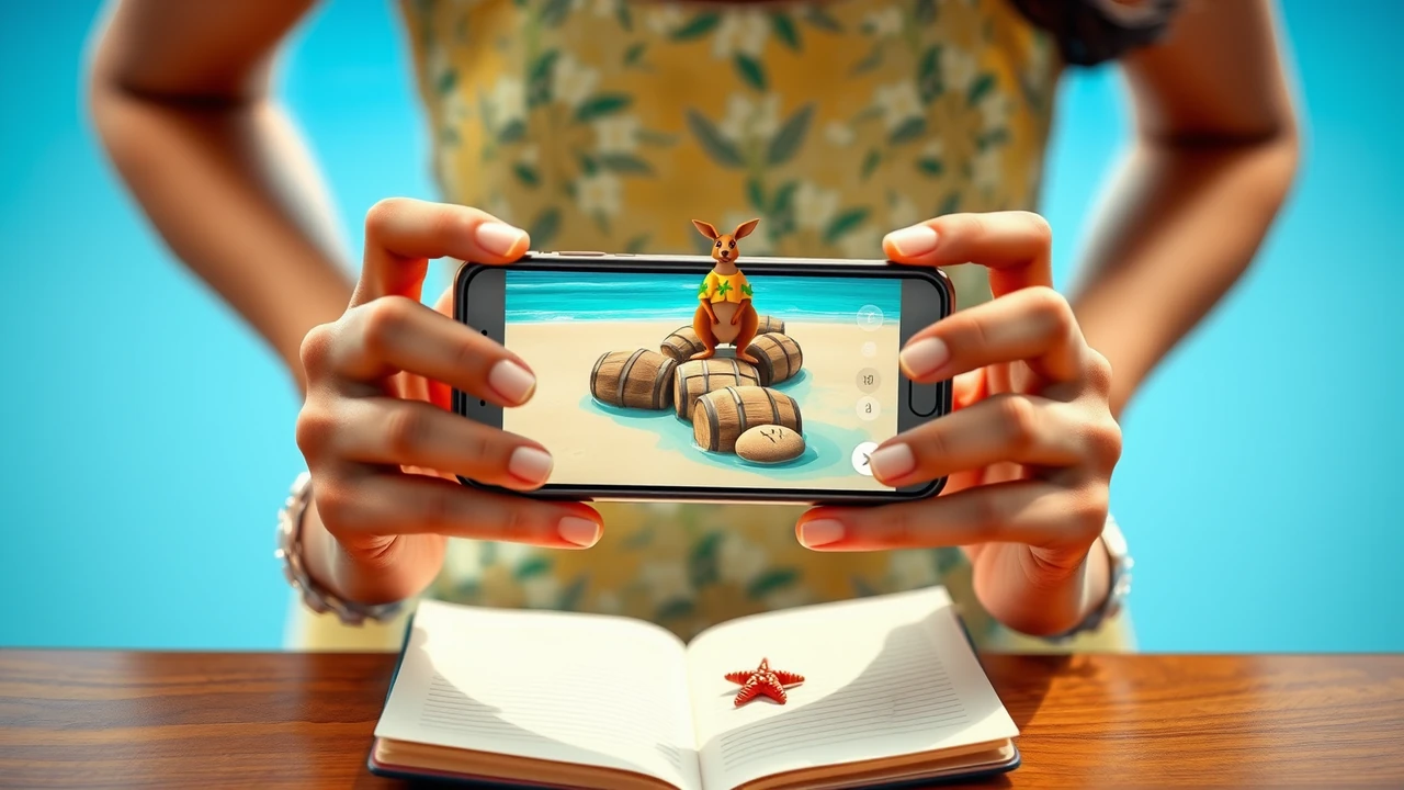 An Indian woman in her thirties seen in three-quarter view at a wooden table, looking down at a smartphone held at chest height, its screen angled slightly toward us and showing a bright cartoon beach with turquoise water, a paper notebook open beside her