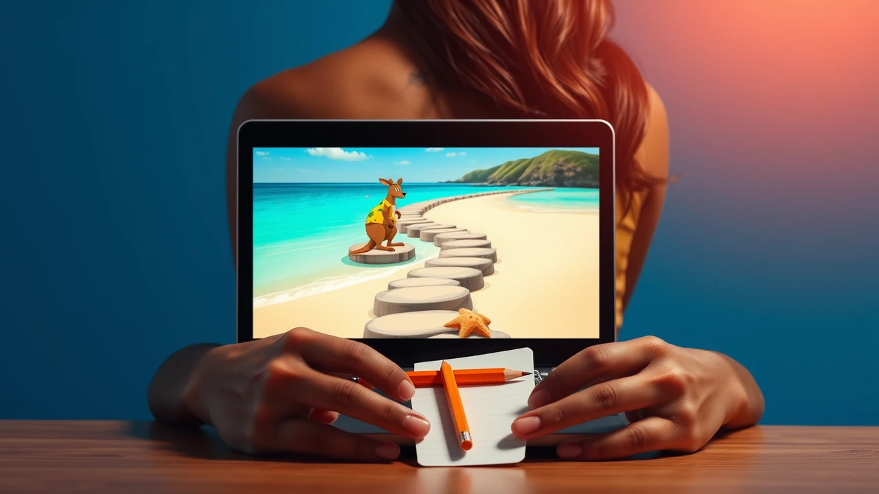 An Indian woman in her thirties seen over her shoulder at a small table, a laptop in front of her showing a bright cartoon beach with a curving path of flat stones over turquoise water, a paper notebook with a pencil beside the laptop
