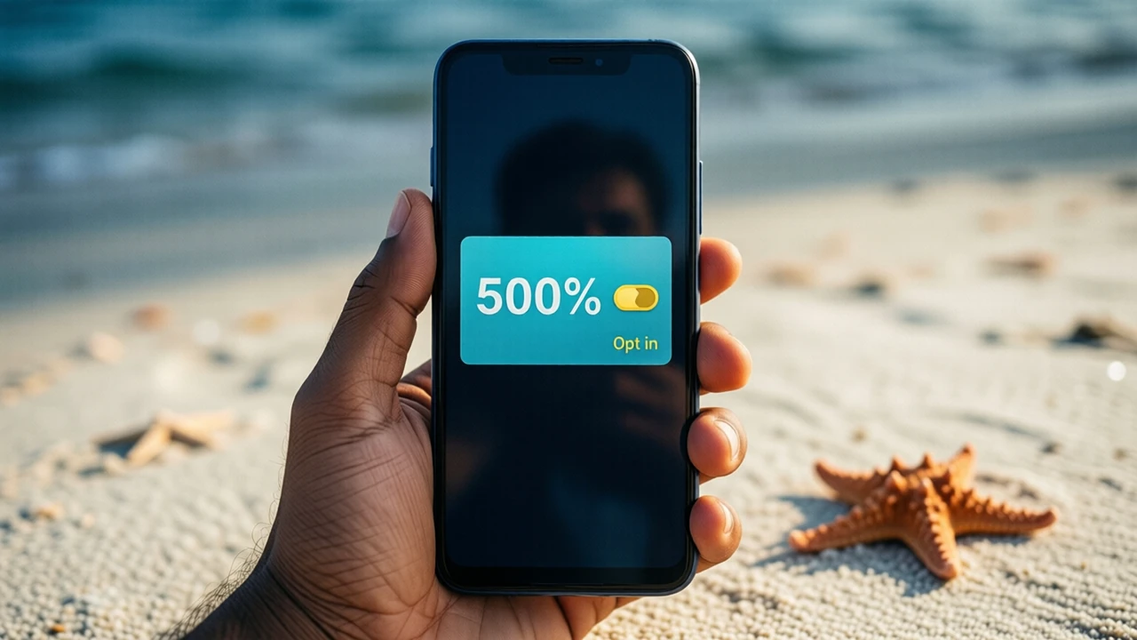Close view of an Indian man's hand holding an Android phone upright, the phone screen plain dark with one wide turquoise card showing the large number "500%" and a yellow switch beside the word "Opt in", only one phone in the picture