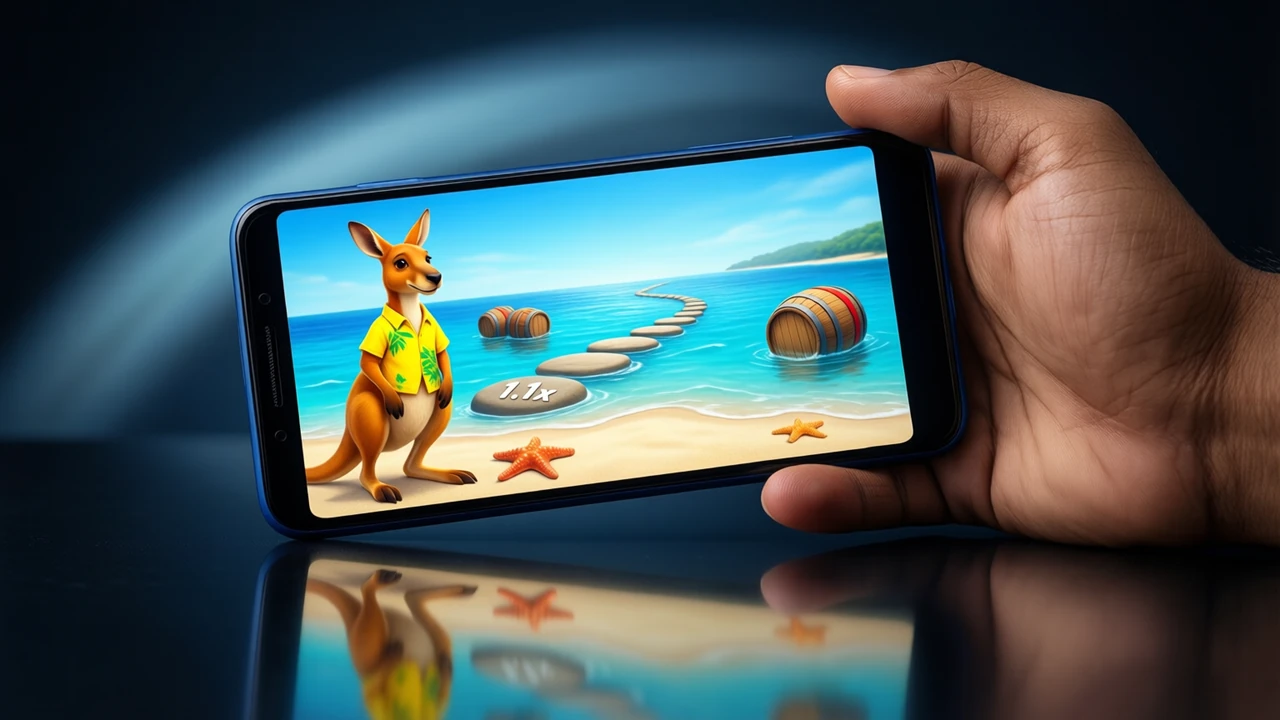 Close view of an Indian man's hand holding an Android phone in landscape, the phone screen shows a bright cartoon beach with turquoise water, a kangaroo in a yellow shirt standing at the shore and a curving path of flat sandy stones over the water with the large white mark "1.1x" on the first stone, wooden barrels floating in the water, a yellow shirt of the kangaroo the brightest spot on the screen