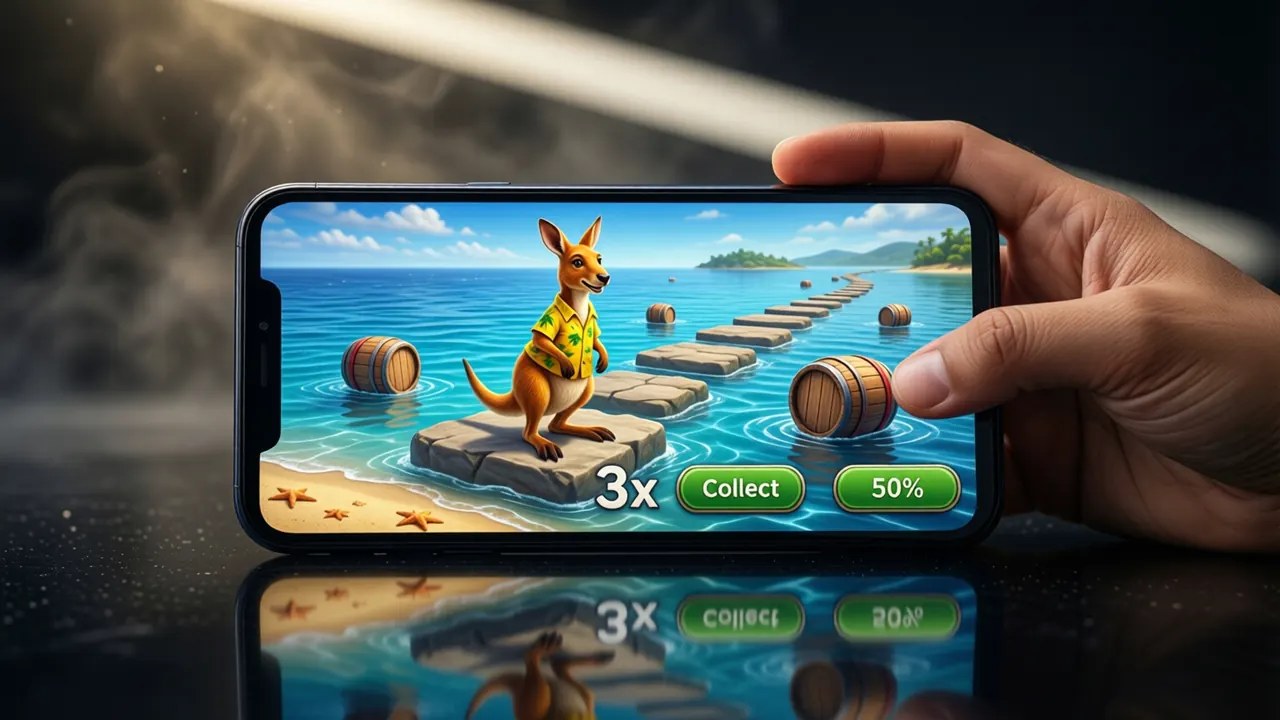 Close view of an Indian woman's hand holding an Android phone in landscape, the phone screen shows a cartoon kangaroo in a yellow shirt landed on a flat sandy stone over turquoise water, the large white mark "3x" beside the stone, two green buttons with the words "Collect" and "50%" side by side at the bottom, only one phone in the picture