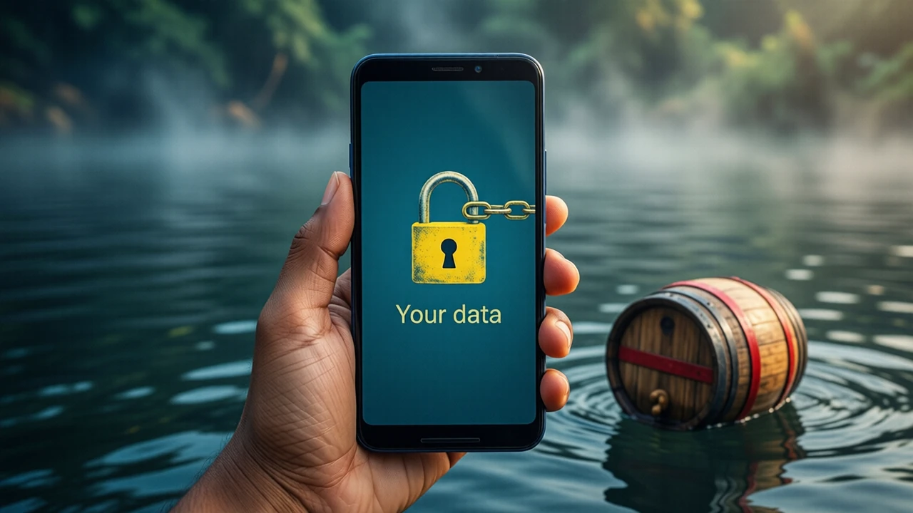 Close view of an Indian woman's hand holding an Android phone upright, the phone screen plain dark turquoise with one closed padlock drawn in yellow, its shackle locked shut, and the words "Your data" under it, only one phone in the picture