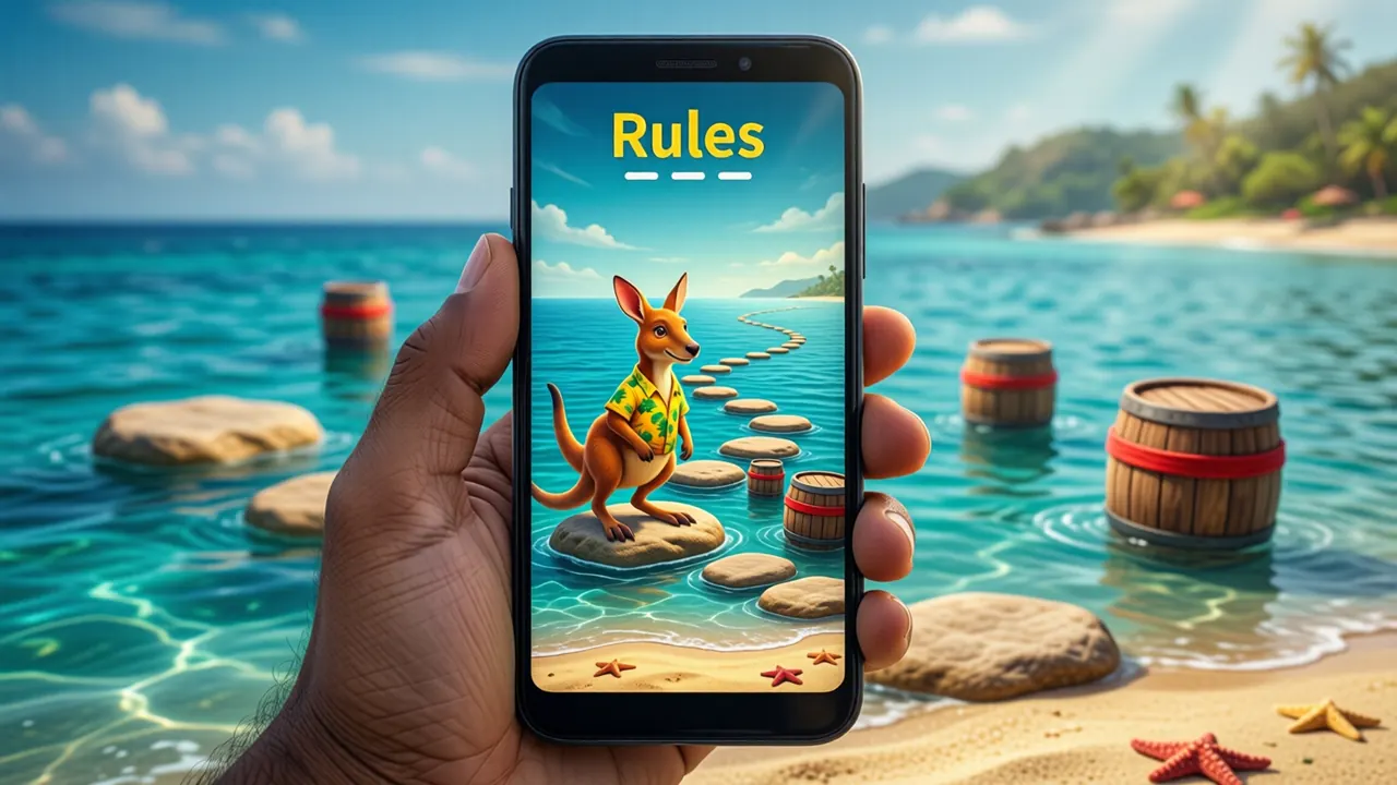 Close view of an Indian man's hand holding an Android phone upright, the phone screen plain dark turquoise with the single word "Rules" at the top in yellow and three short white lines under it, only one phone in the picture
