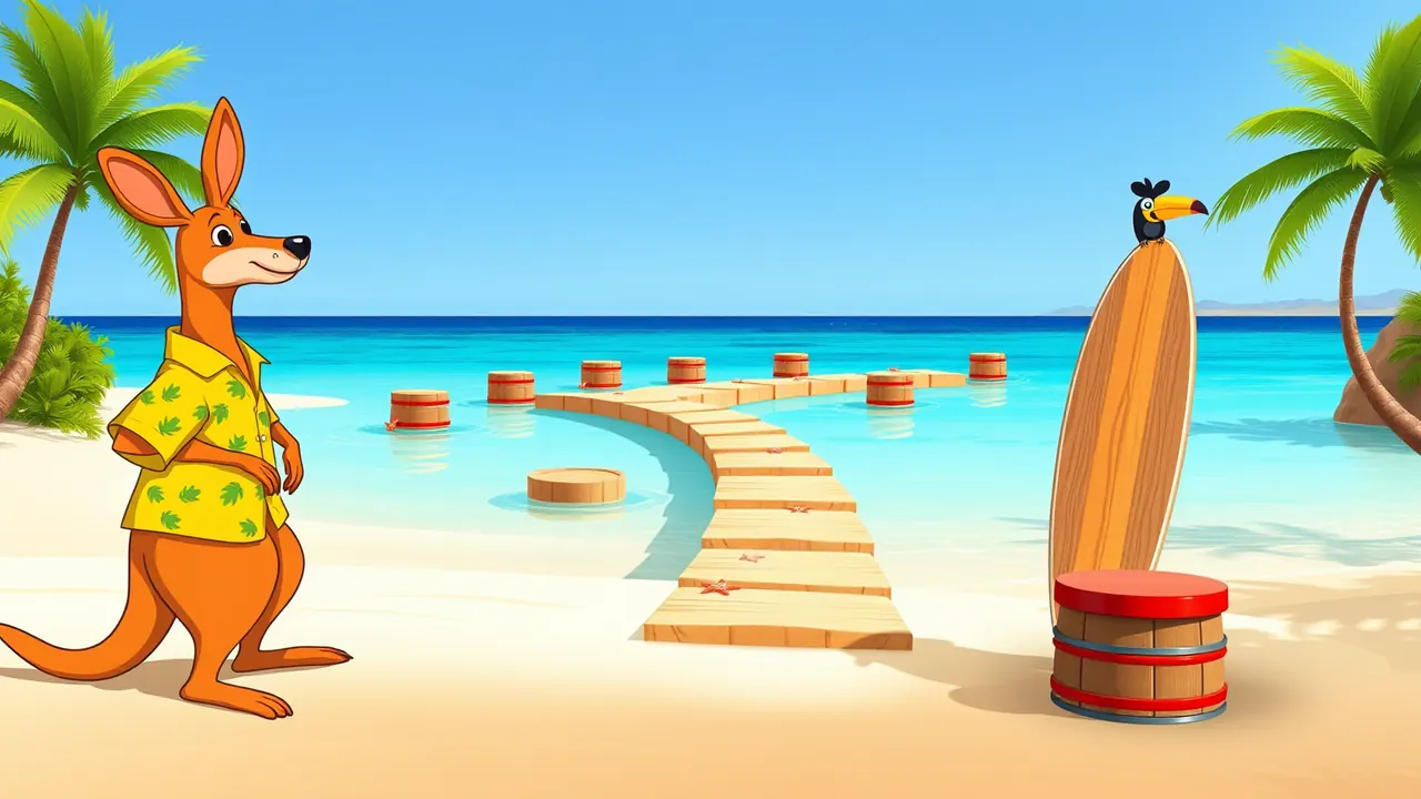 Before a round: one cartoon kangaroo in a yellow Hawaiian shirt waiting on the sand, the path of flat stones leading out over turquoise water ahead of it