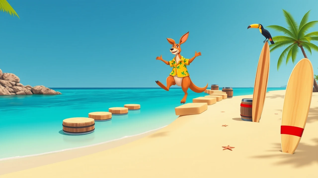 Mid-jump: the kangaroo in the air between the sand and the first stone marked 1.1x