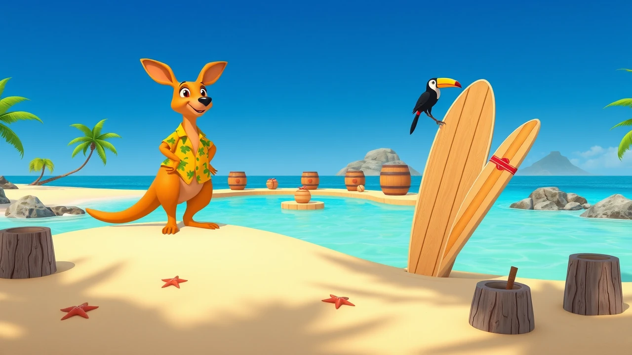 After a landing: one cartoon kangaroo in a yellow Hawaiian shirt standing on a flat sandy stone over turquoise water, the beach and a curving path of stones behind it