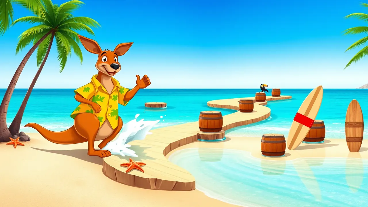 A miss: one cartoon kangaroo in a yellow Hawaiian shirt dropping into turquoise water with a big white splash beside a flat sandy stone, wooden barrels floating nearby